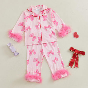 Kavousa Toddler Baby Girl Valentines Day Pajamas Heart&Bow Print Button Down Shirt + Pants Little Kids Girls Silk Pajama Set (Fe