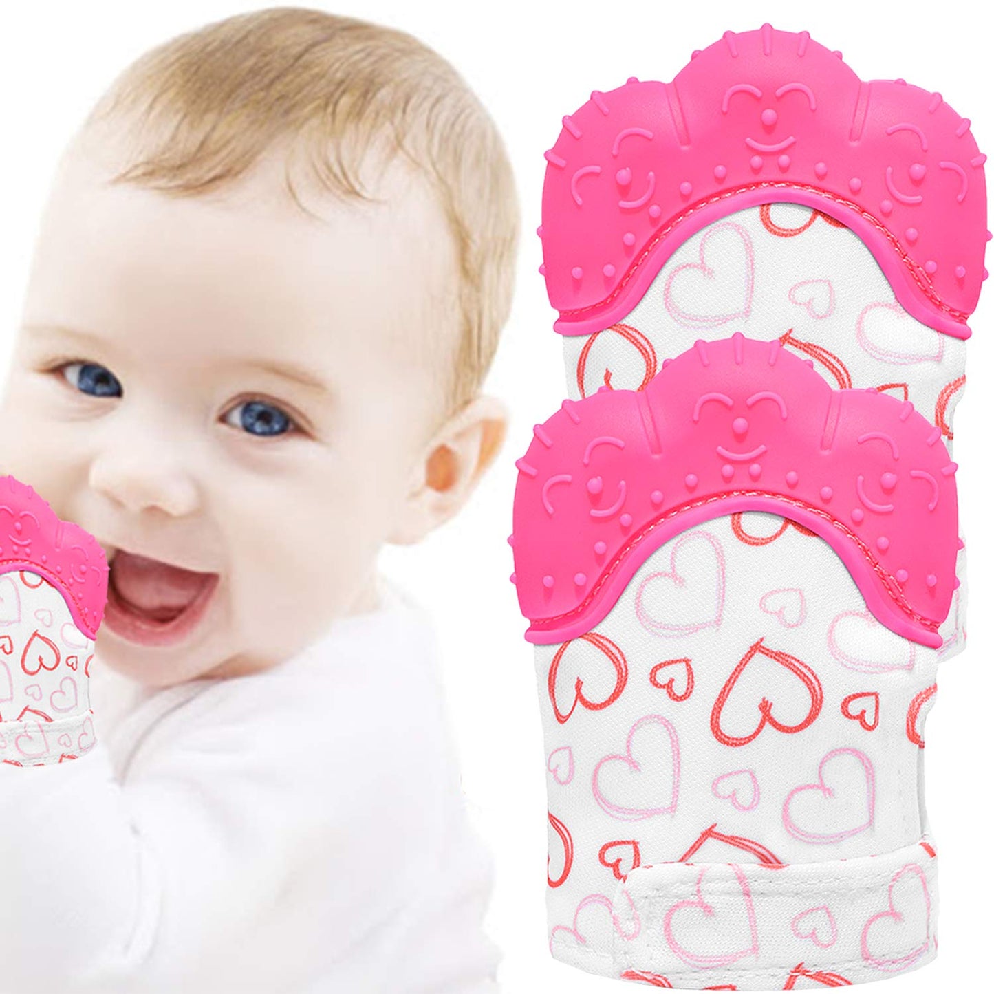 NEPAK Teething Mitten 2 Pcs-Baby Glove Stimulating Teether Toys for Boys & Girls-Teething Glove for 3-6 Months Baby (Pretty Swee