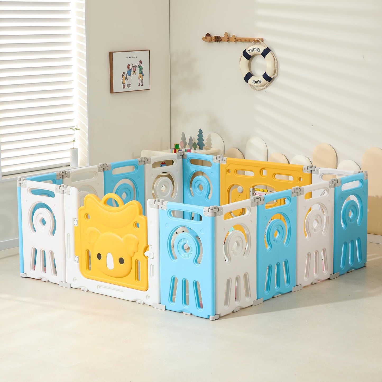 IFLETH Extra Large Foldable Play Pen for Babies and Toddlers - Astronauts Design, Portable Baby Fence, Blue