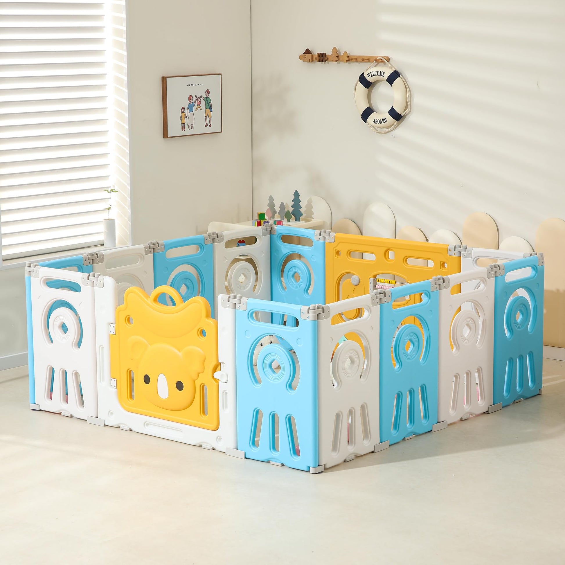 IFLETH Extra Large Foldable Play Pen for Babies and Toddlers - Astronauts Design, Portable Baby Fence, Blue