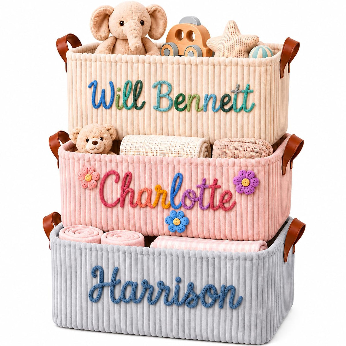 Kinlea Personalized Baby Basket with Name, Custom Baby Basket and Corduroy Nursery Storage Basket, Personalized Diaper Caddy, Ba