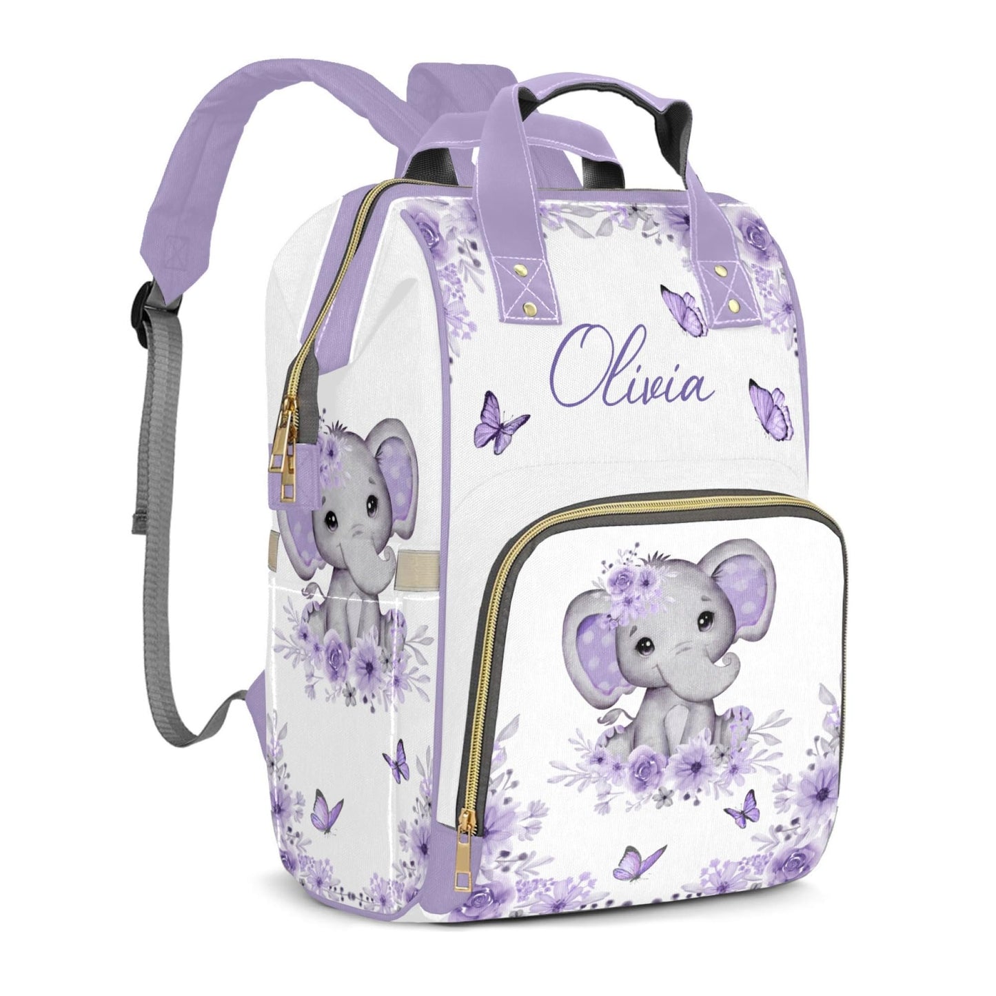Perarts Custom Diaper Bag Mommy Bag with Multi-function Shoulders Outdoor Backpack for Newborn Baby Boy Elephant, Purple Customi