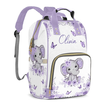 Perarts Custom Diaper Bag Mommy Bag with Multi-function Shoulders Outdoor Backpack for Newborn Baby Boy Elephant, Purple Customi