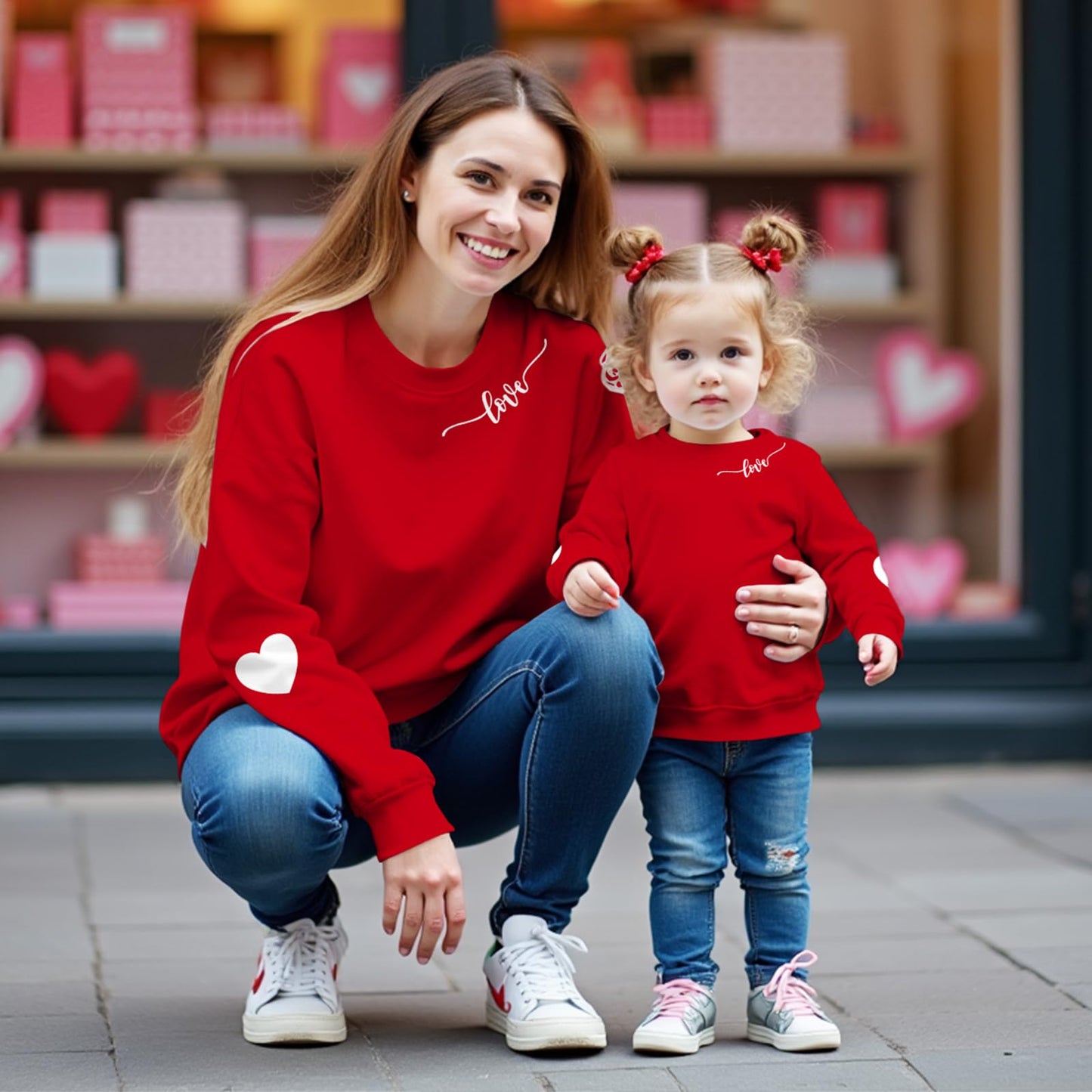 Ritatte Mommy And Me Valentine'S Day Outfit Love Heart Graphic Family Matching Sweatshirt Crewneck Long Sleeve Pullover Top(M, M