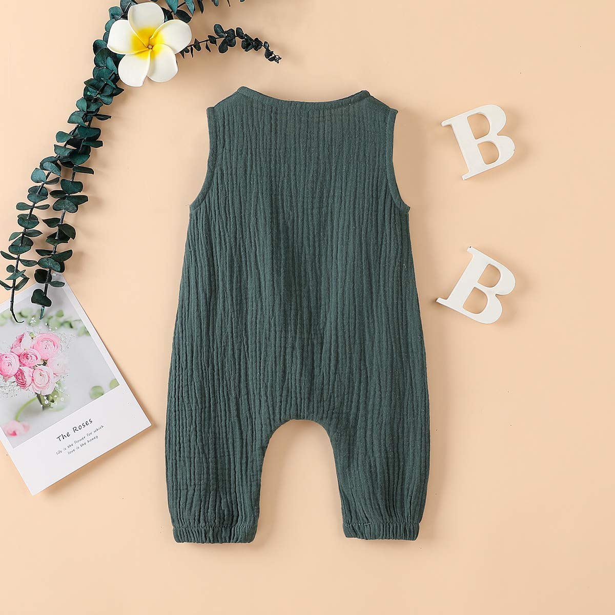 Arleysh Newborn Baby Girl Romper Jumpsuit Cotton Linen Sleeveless Ruffled Bodysuit Infant Summer Clothes Outfits (Green, 0-3 Mon