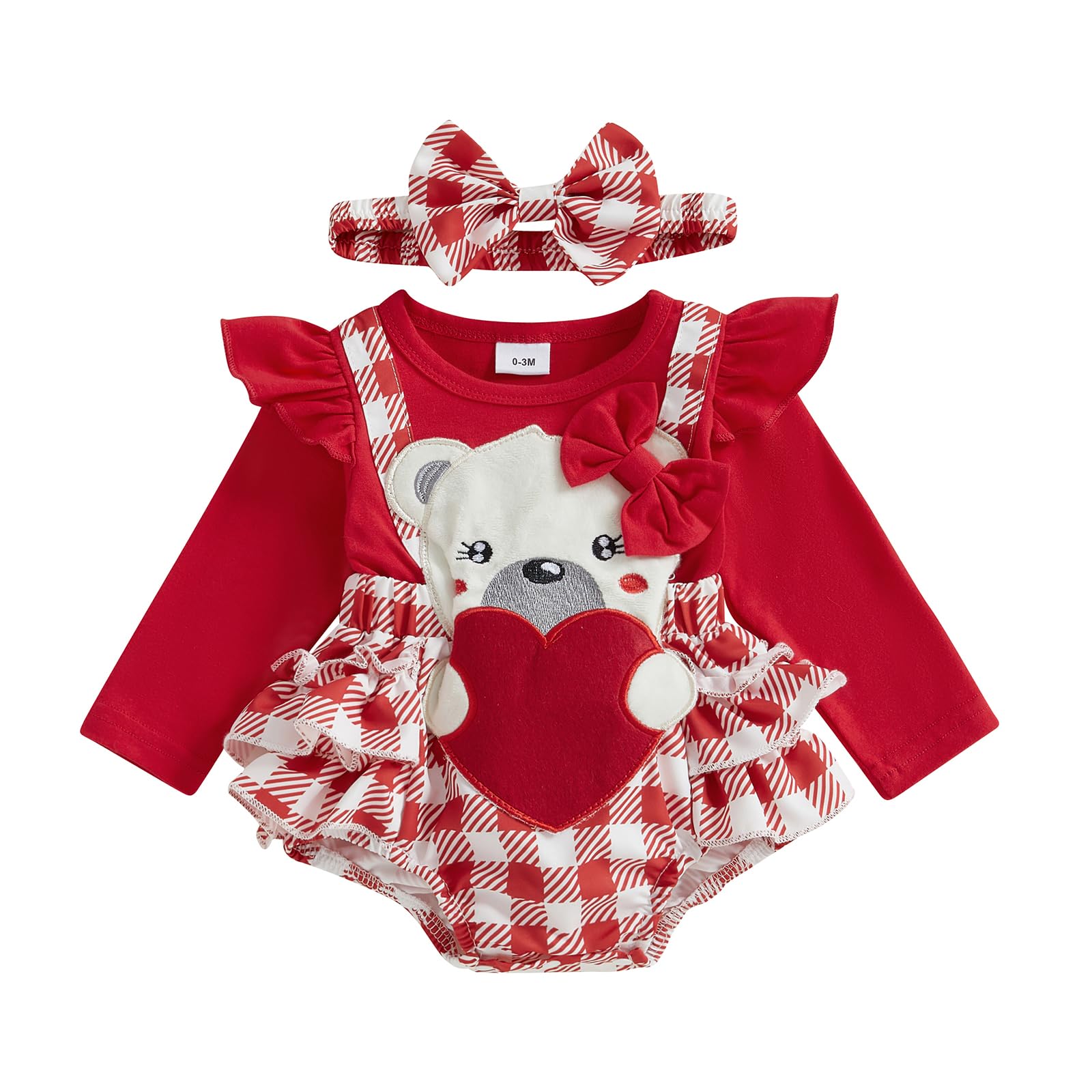 Newborn Infant Baby Girls Valentine'S Day Romper My First Valnetine'S Day Outfits Heart/Plaid Print Headband (Red-Plaid, 12-18 M