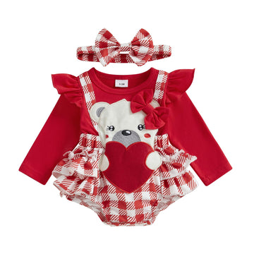 Newborn Infant Baby Girls Valentine'S Day Romper My First Valnetine'S Day Outfits Heart/Plaid Print Headband (Red-Plaid, 12-18 M