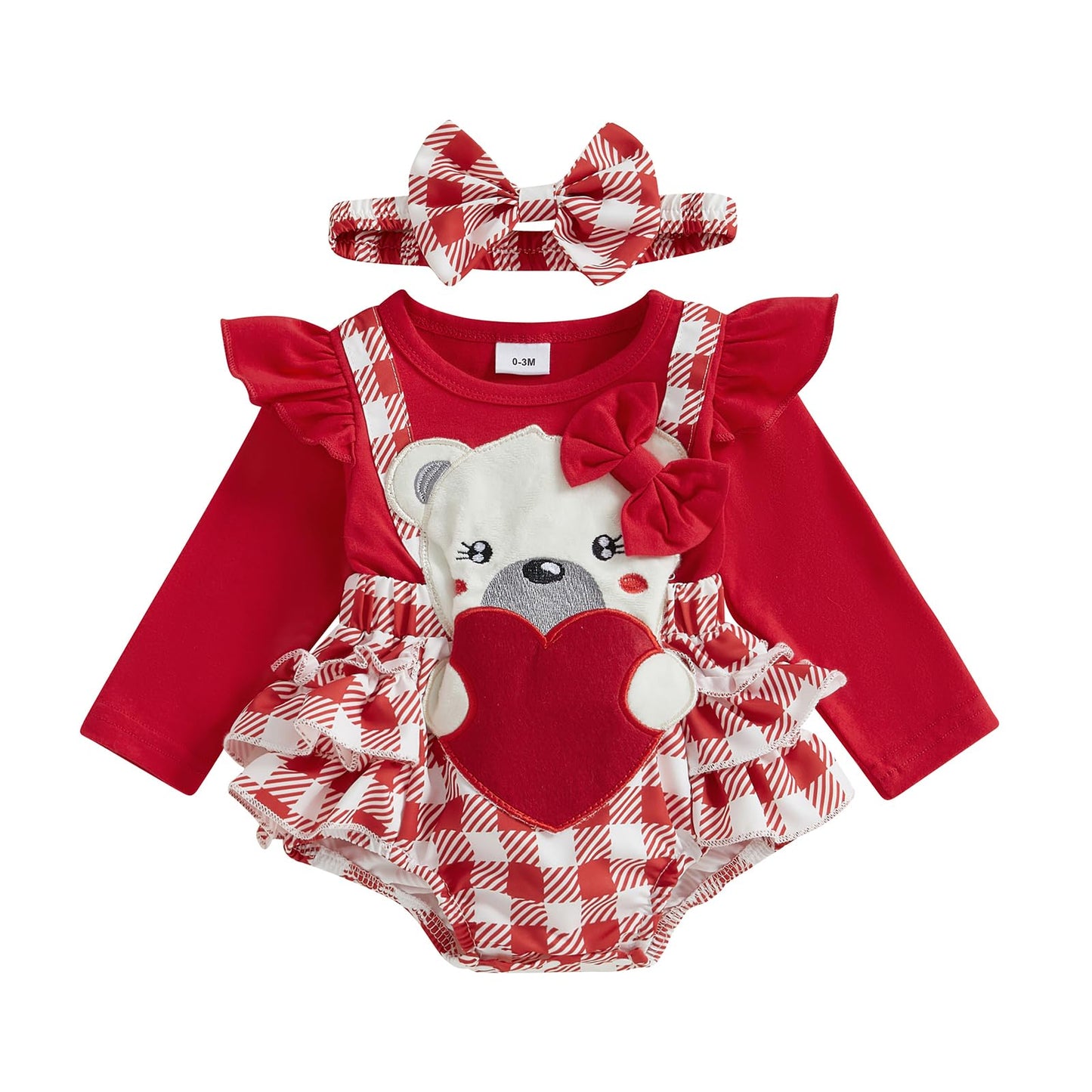 Newborn Infant Baby Girls Valentines Day Romper My First Valnetines Day Outfits Heart/Plaid Print Headband (Red-Plaid, 0-3 Mon