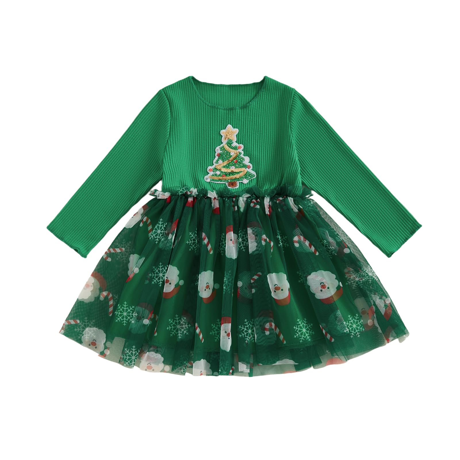 Toddler Baby Girl Clothes Christmas Dress Sequin Santa Claus Crew Neck Long Sleeves Tulle Patchwork A Line Dress (A Green, 6-12 