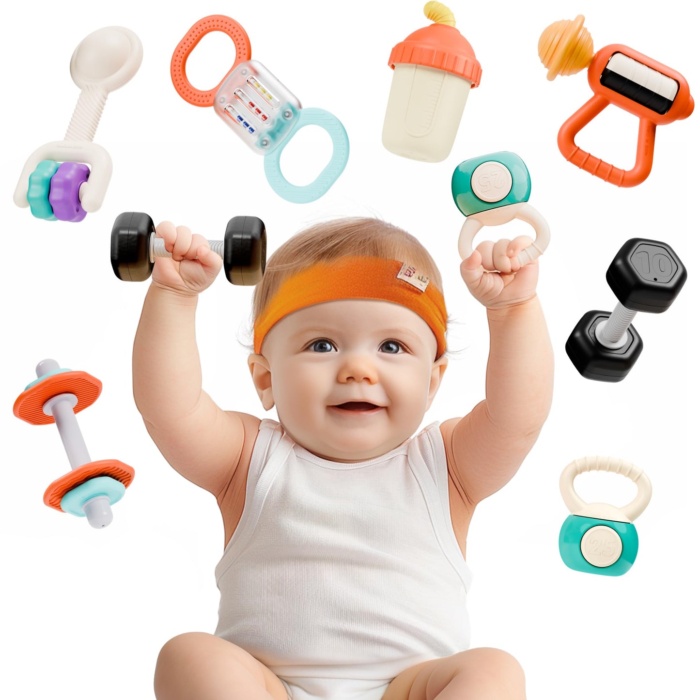 iPlay, iLearn Baby First Gym Rattle Set, Infant Dumbbell Weights Teething Rattles 3-6-12 Month, Newborn Workout Sensory Stroller