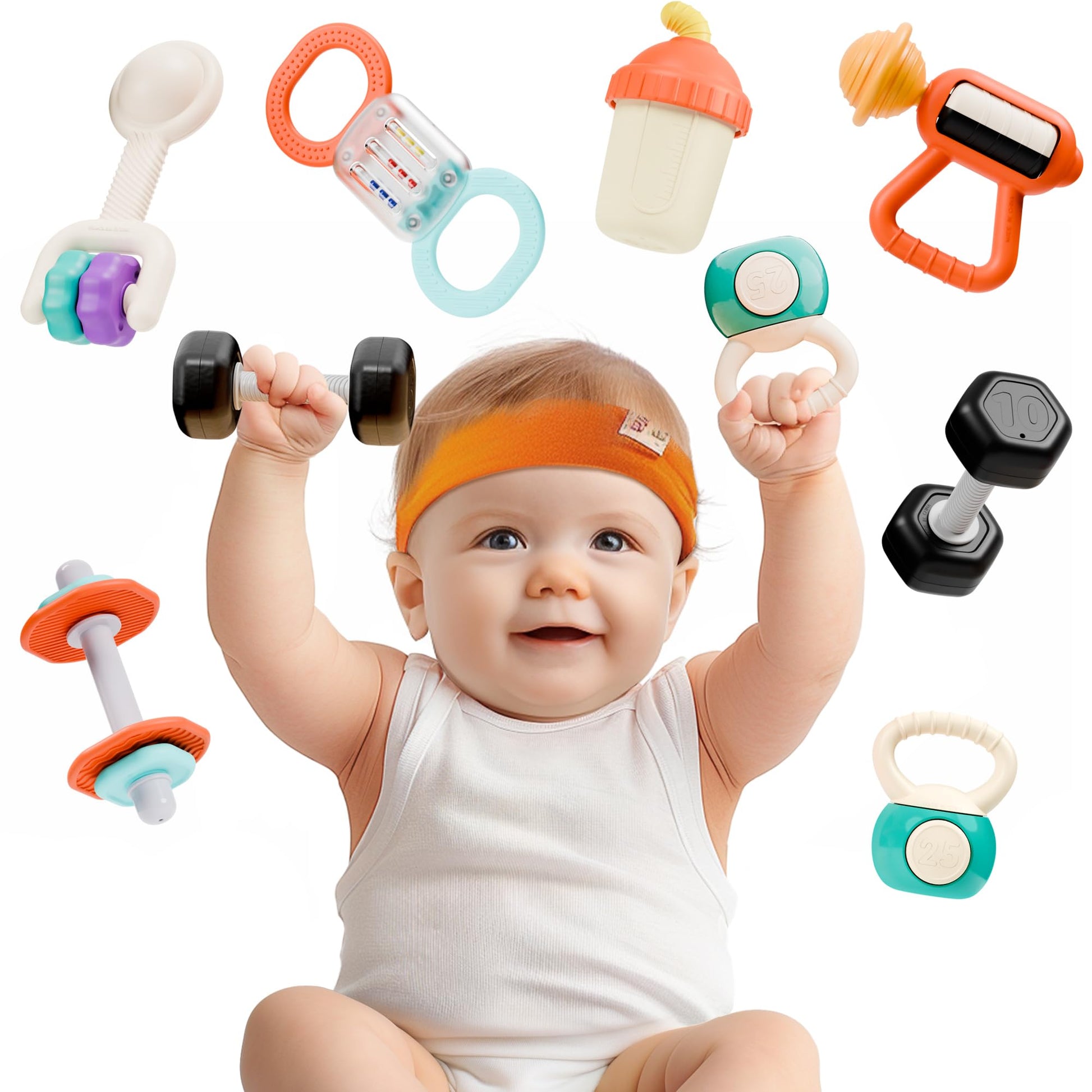 iPlay, iLearn Baby First Gym Rattle Set, Infant Dumbbell Weights Teething Rattles 3-6-12 Month, Newborn Workout Sensory Stroller