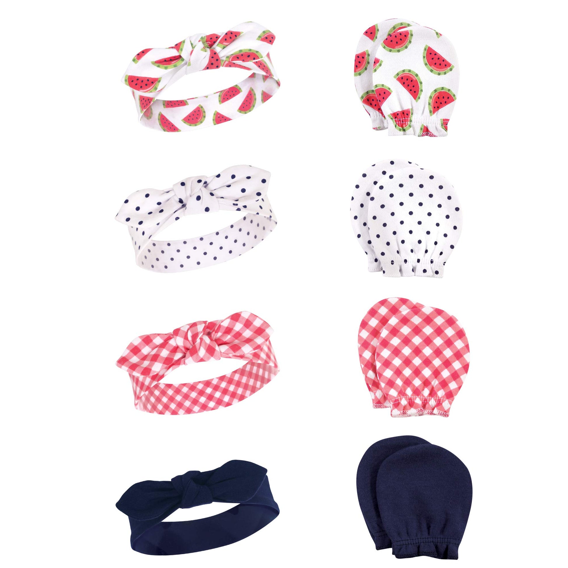 Hudson Baby Infant Girl Cotton Headband And Scratch Mitten Set Watermelon, 0-6 Months