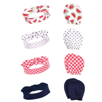 Hudson Baby Infant Girl Cotton Headband And Scratch Mitten Set Watermelon, 0-6 Months
