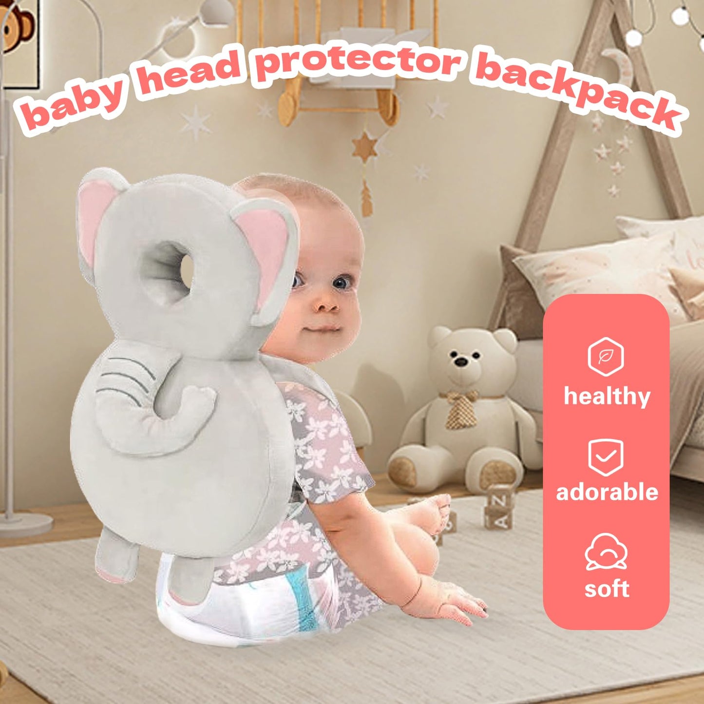 Grnstf Baby Toddler Head Protector, Baby Head Protection Backpack, Adjustable(Elephant)
