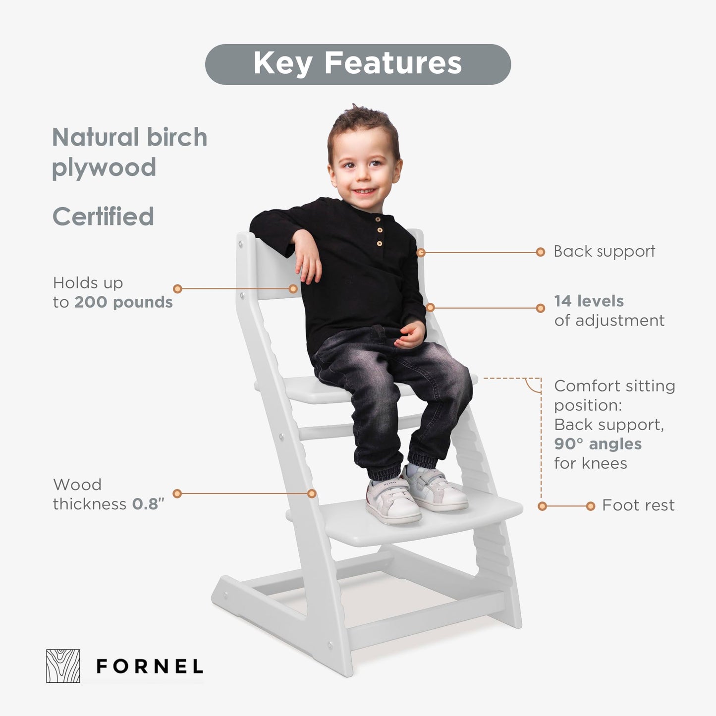 Fornel Dining High Chair For Babies And Toddlers - Wooden Highchair Adjustable Height - Montessori Kids Dine Seat From 3 Years T