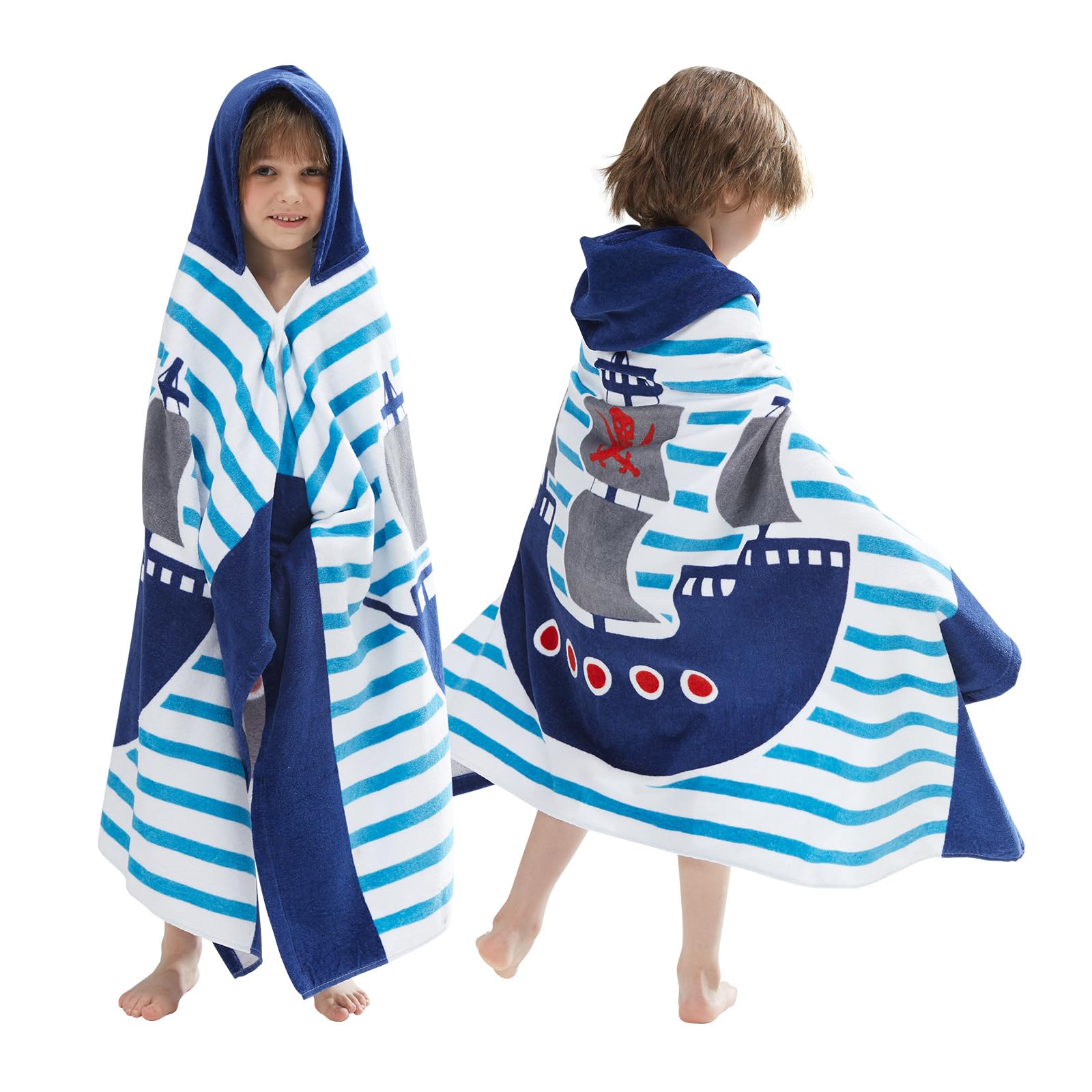 Bangsaur Kids Hooded Beach Bath Towels, 100% Cotton 50'X30' Wrap Blanket, Toddlers Boys 3-12 Years Coverup Towel Pirate Ship