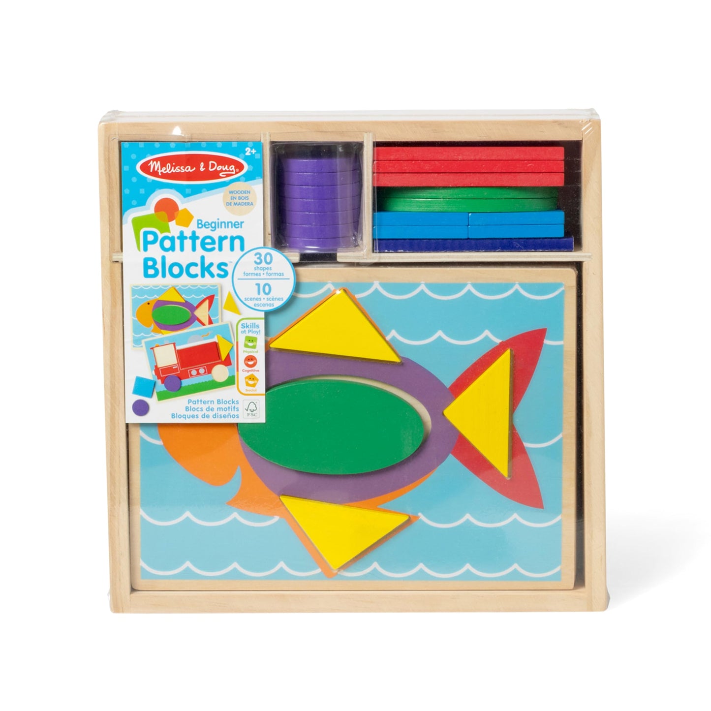 Melissa & Doug Beginner Wooden Pattern Blocks Educational Toy With 5 Double-Sided Scenes and 30 Shapes