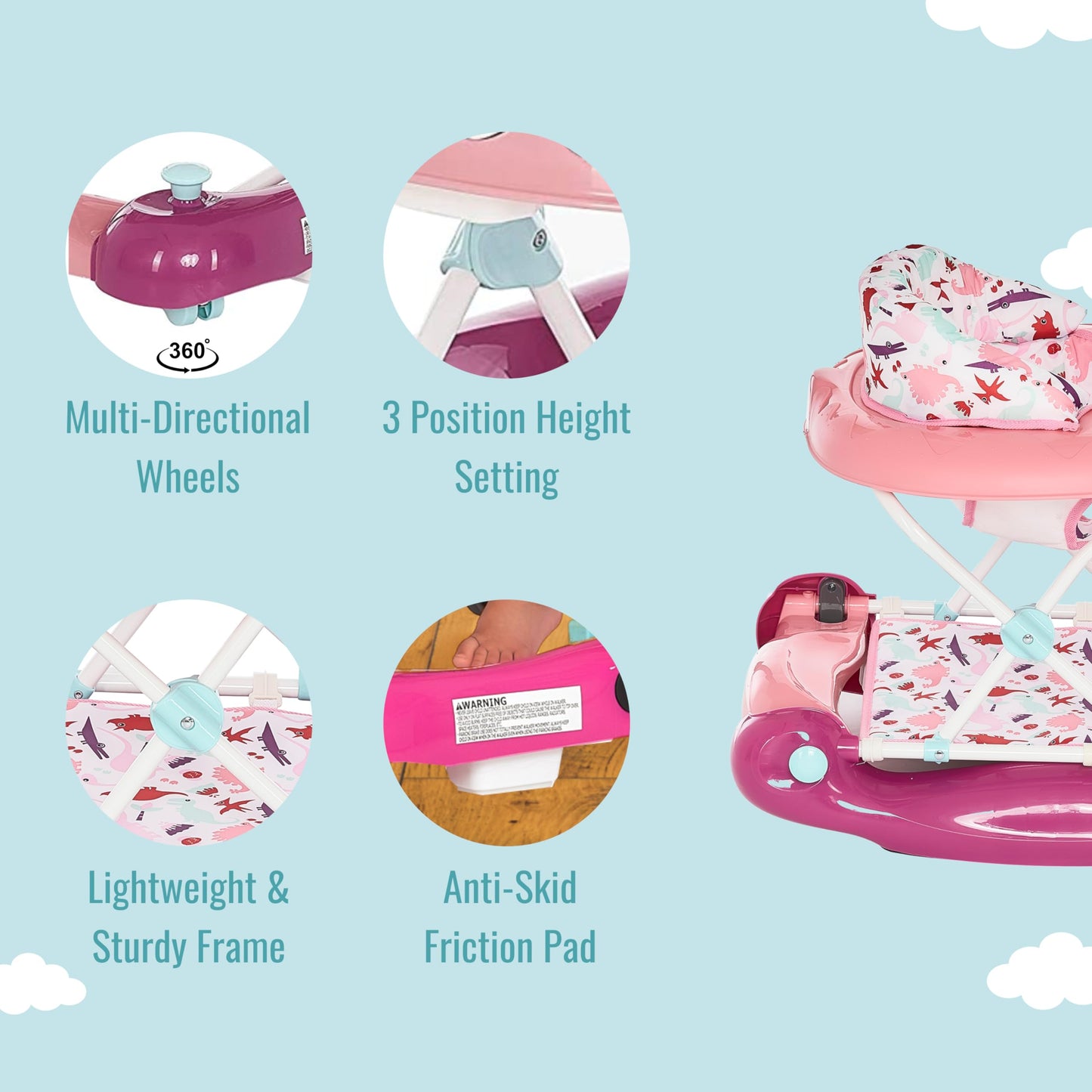 Dream On Me Baby Steps Baby Walker In Pink, Adjustable Three Position Height Setting, Removable Tray, Easy To Fold And Store Bab