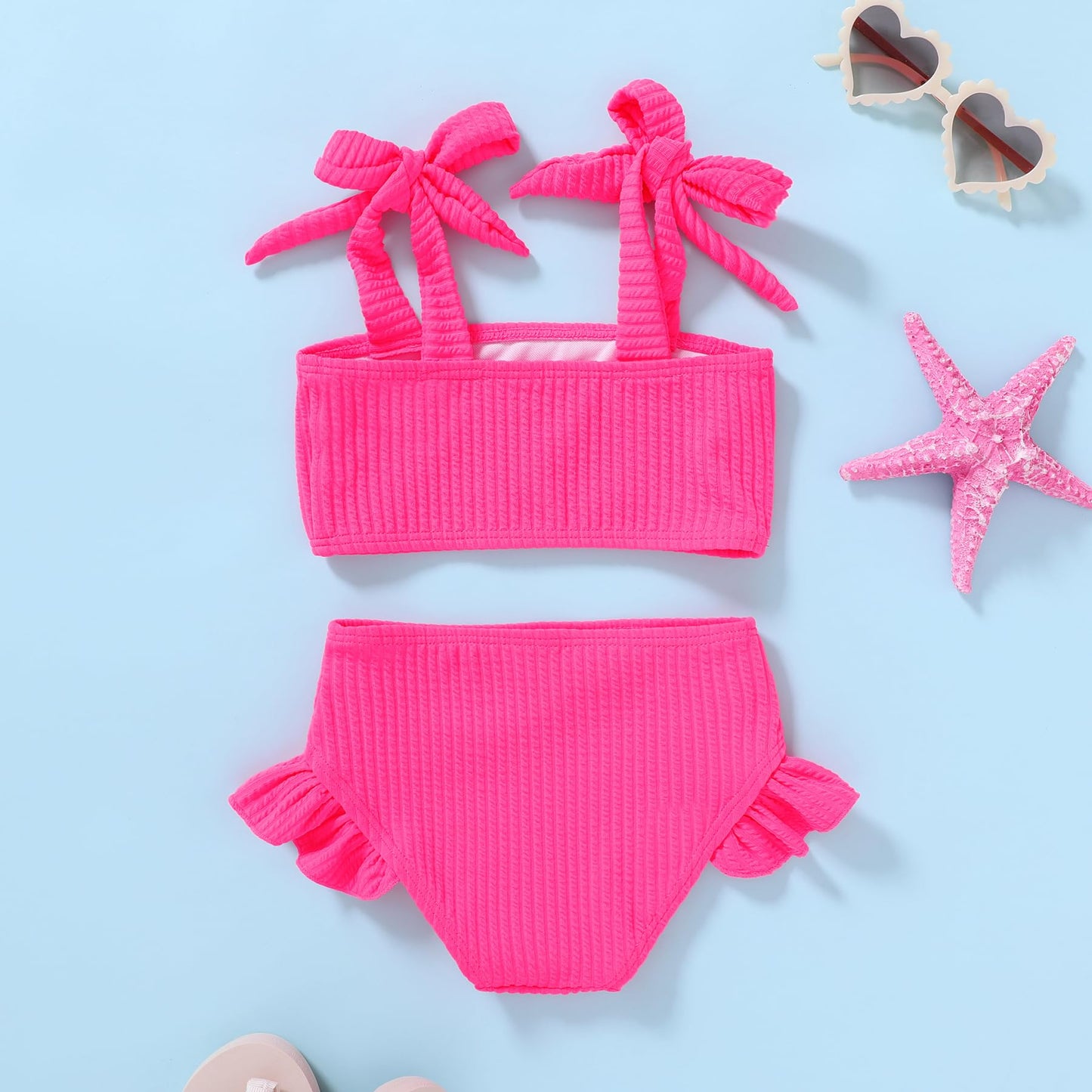 Younger Tree Toddler Girls Two Pieces Swimsuit Color Block Stripe Swimwear Summer Beach Bathing Suit 18M-5T(Pink 6-7T)