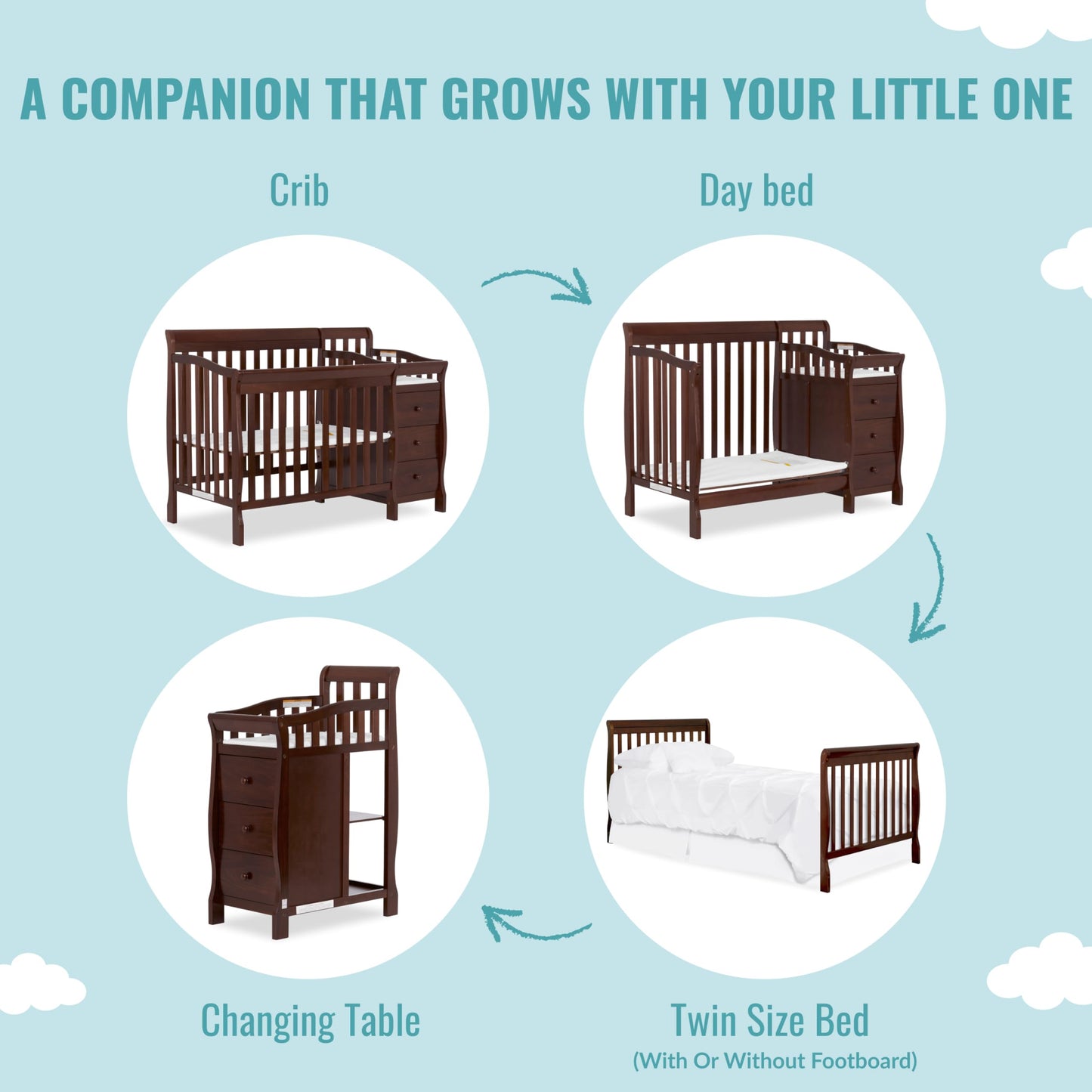 Dream On Me Jayden 4-In-1 Mini Convertible Crib And Changer In Espresso, Greenguard Gold Certified, Non-Toxic Finish, New Zealan