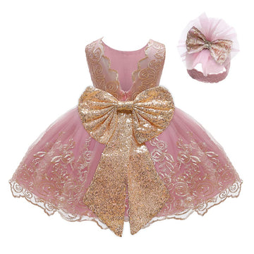 Lzh Baby Girls Lace Embroidery Dress Bowknot Party Dress Bridesmaid Wedding Gown With Headwear