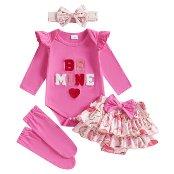 Fybitbo First Valentines Day Baby Girl Outfit Heart Letter Romper Ruffle Tutu Skirt Dress Newborn Infant Girl Clothes Set (Hot P