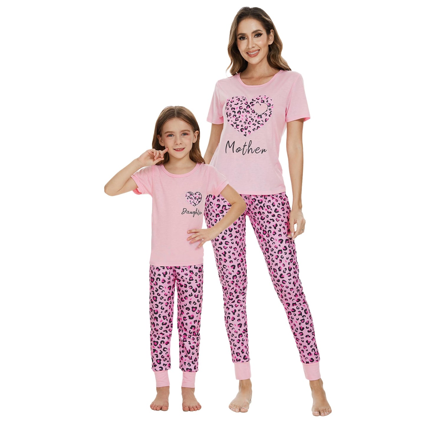 MyFav Mommy and Me Pajamas Heart Print Sleepwear Family Matching Short Sleeve Nightwear, Pink Heart, 12 Years