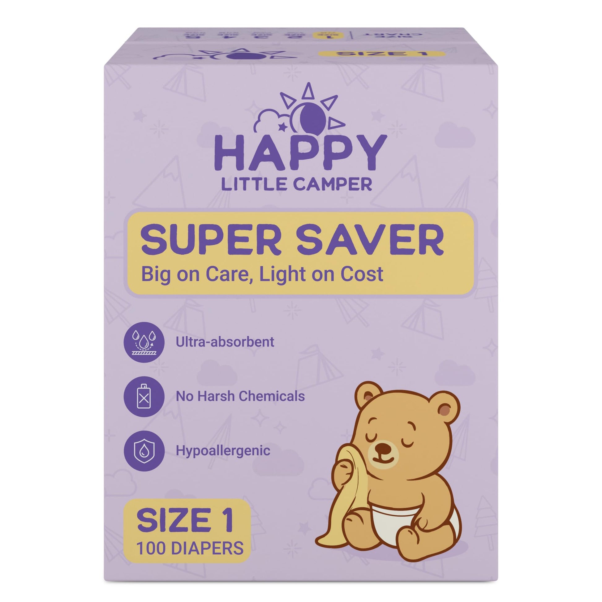 Happy Little Camper Super Saver Diapers, Size 1, 100 Count | Budget-Friendly Disposable Baby Diapers for Sensitive Skin | Hypoal