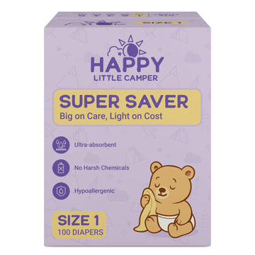 Happy Little Camper Super Saver Diapers, Size 1, 100 Count | Budget-Friendly Disposable Baby Diapers for Sensitive Skin | Hypoal