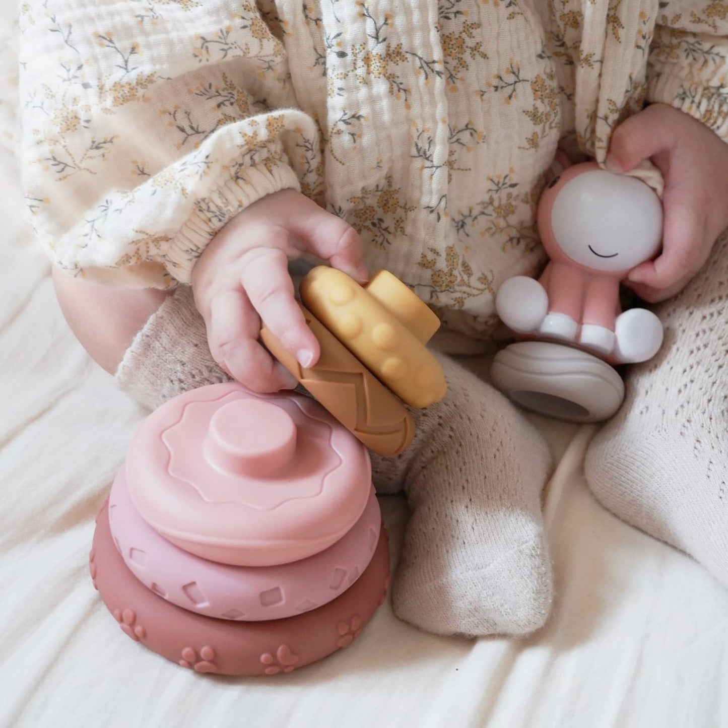 Nueplay 7 Pcs Stacking & Nesting Baby Toys, Squeeze Teething Toys and Building Circle with Pink Horse Figure, Newborn Essentials