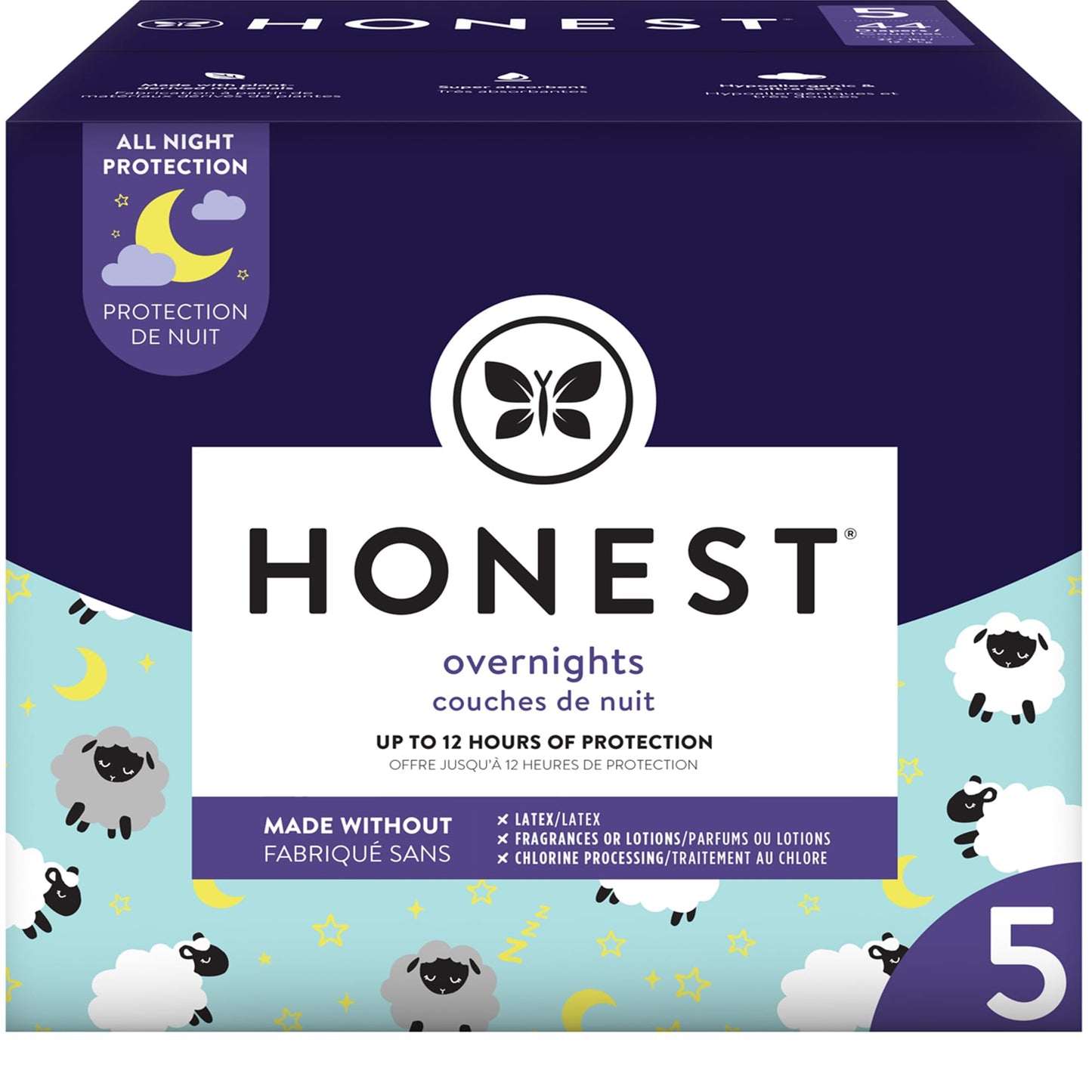 The Honest Company Clean Conscious Overnight Diapers | Plant-Based, Sustainable | Sleepy Sheep | Club Box, Size 5 (27+ lbs), 44 