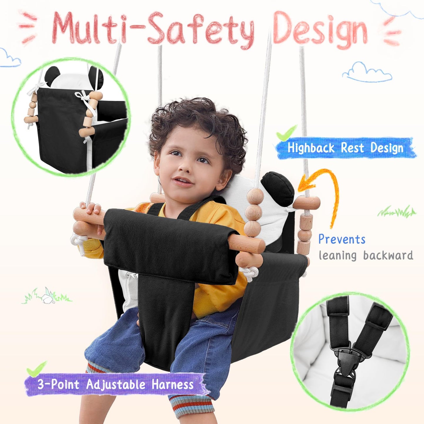 Baby Swing Indoor Outdoor,Secure Canvas Baby Swing, Toddler Swing Seat,Wooden Hanging Swing For Infant,3-Point Adjustable Safety