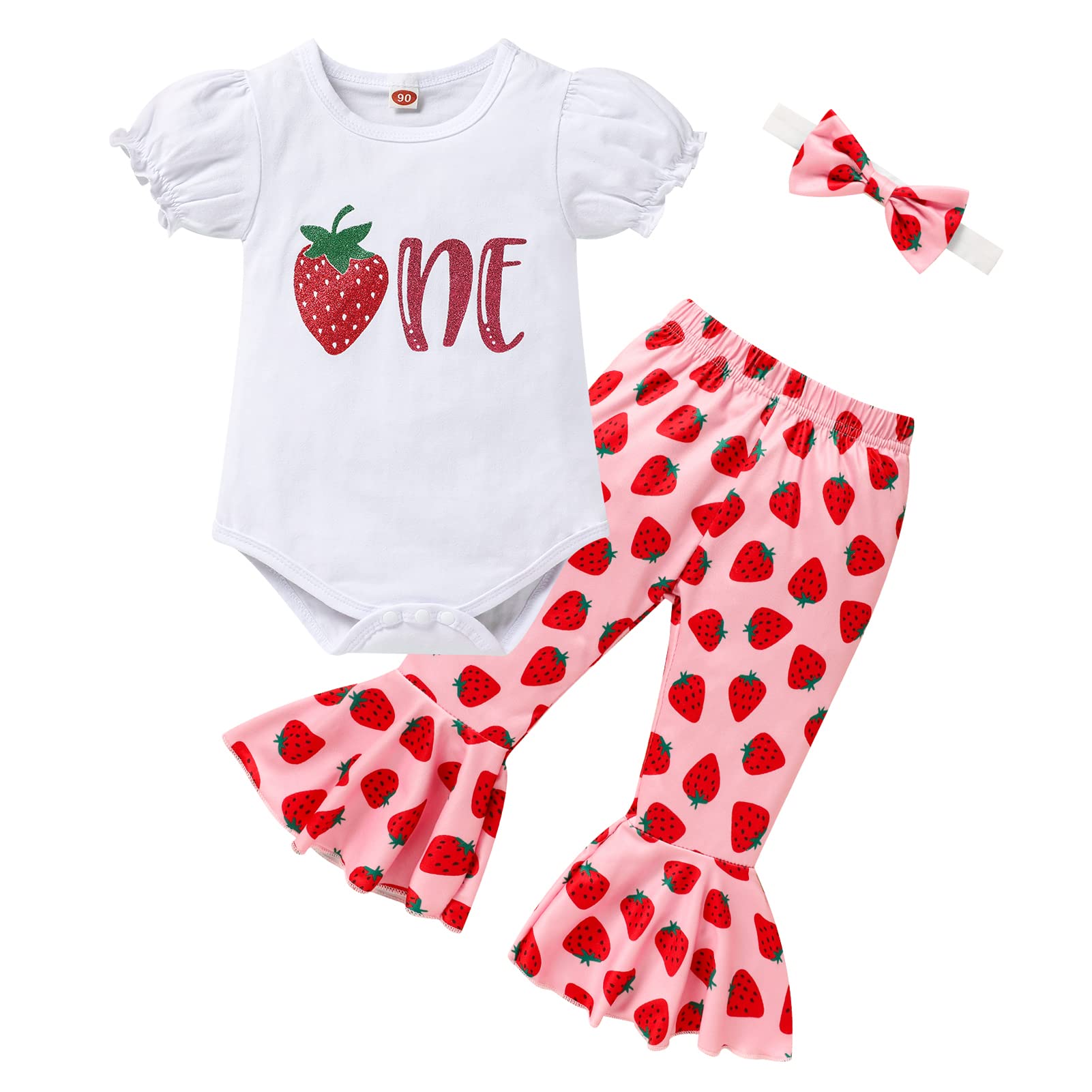 Grnshts Baby Girl Birthday Clothes One Letter Short Sleeve Romper+Strawberry Print Flared Pants+Headband 3Pcs Cake Smash Outfits