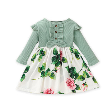 Patpat Toddler Girl'S Floral Dress Ribbed Ruffle Long-Sleeve Spring Easter Valentine Dresses Sage Green 4-5 Years