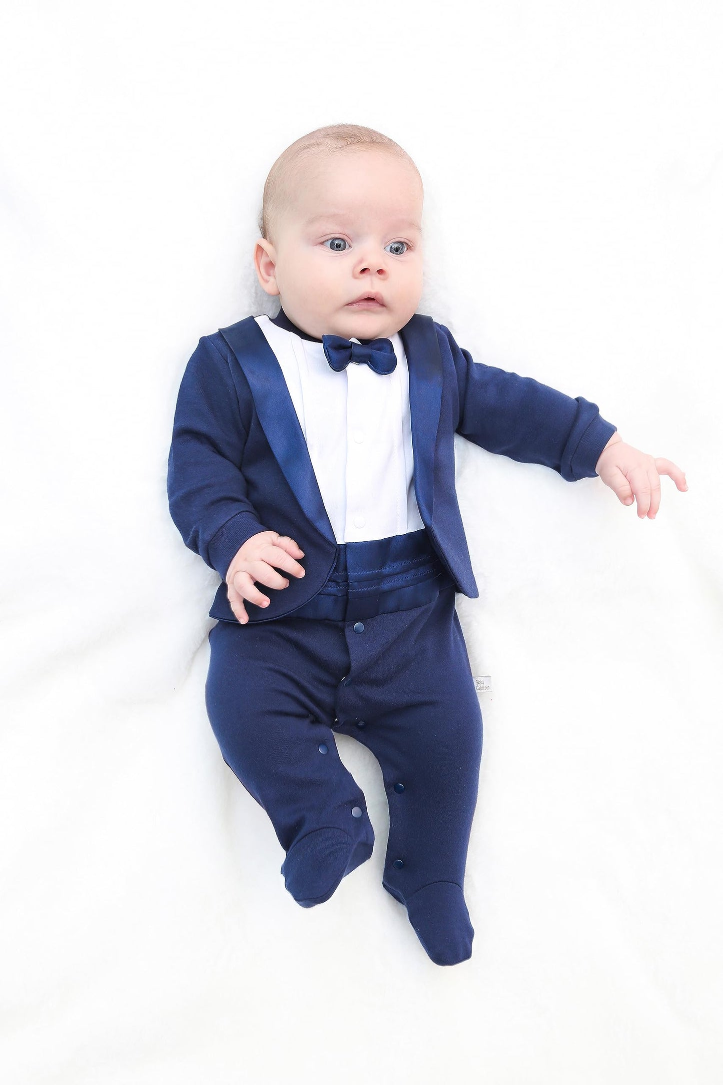 Lilax Baby Boy Gentleman Tuxedo Footie Christmas Holiday Outfit With Bow Tie (12 Months, Navy)