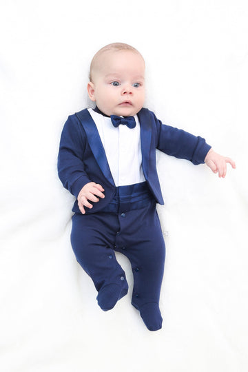 Lilax Baby Boy Gentleman Tuxedo Footie Christmas Holiday Outfit With Bow Tie 6M Navy