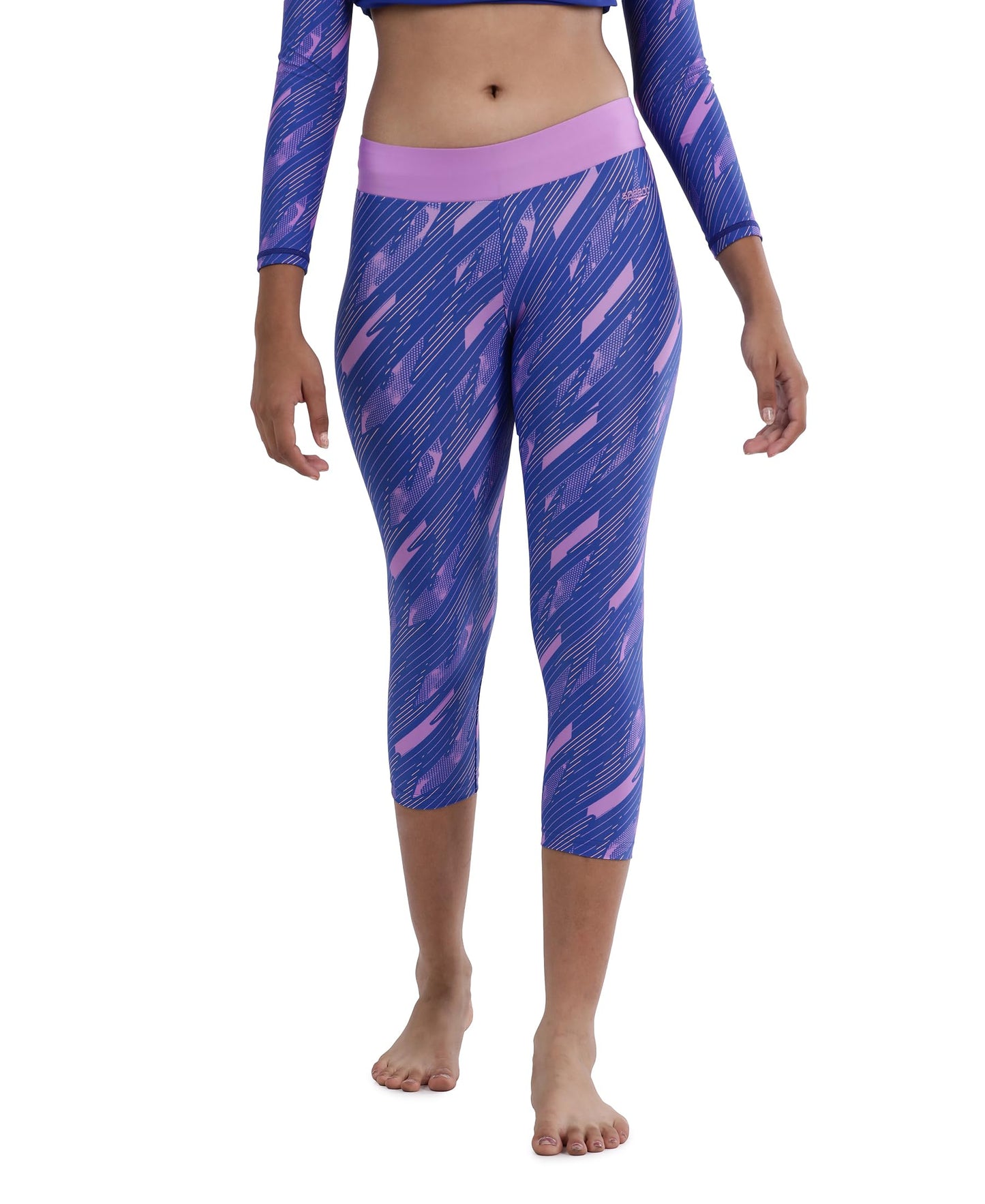 Speedo Girls Endurance 10 High Chlorine Resistant UPF 40+ Sun Protection Hyperboom Printed Capri  Sweet Purple & True Cobalt