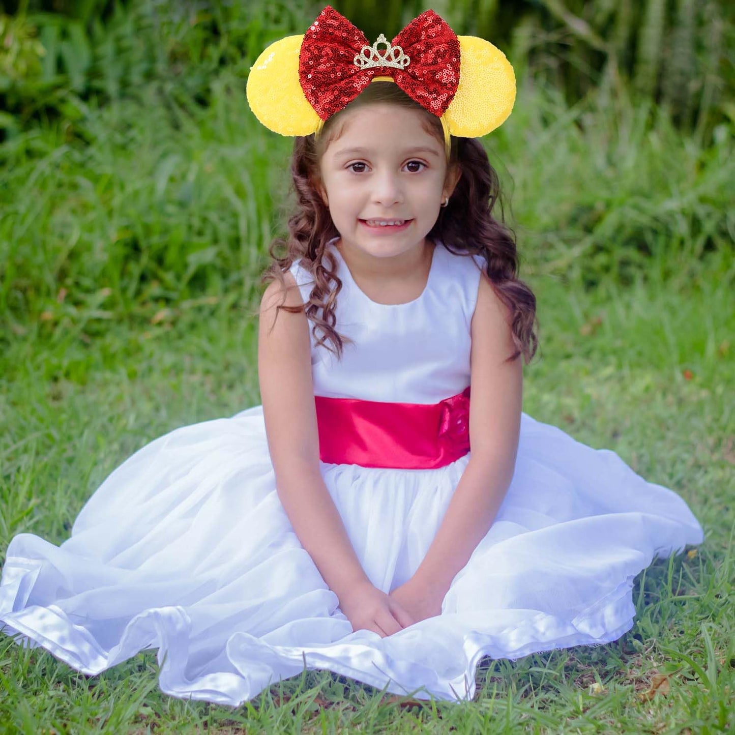 Razko Sparkle Minnie Ears Headband - Yellow-Red Bow - One Size Fits All - Hairband Or Minnie Ears Headband For Party, Disney Tri