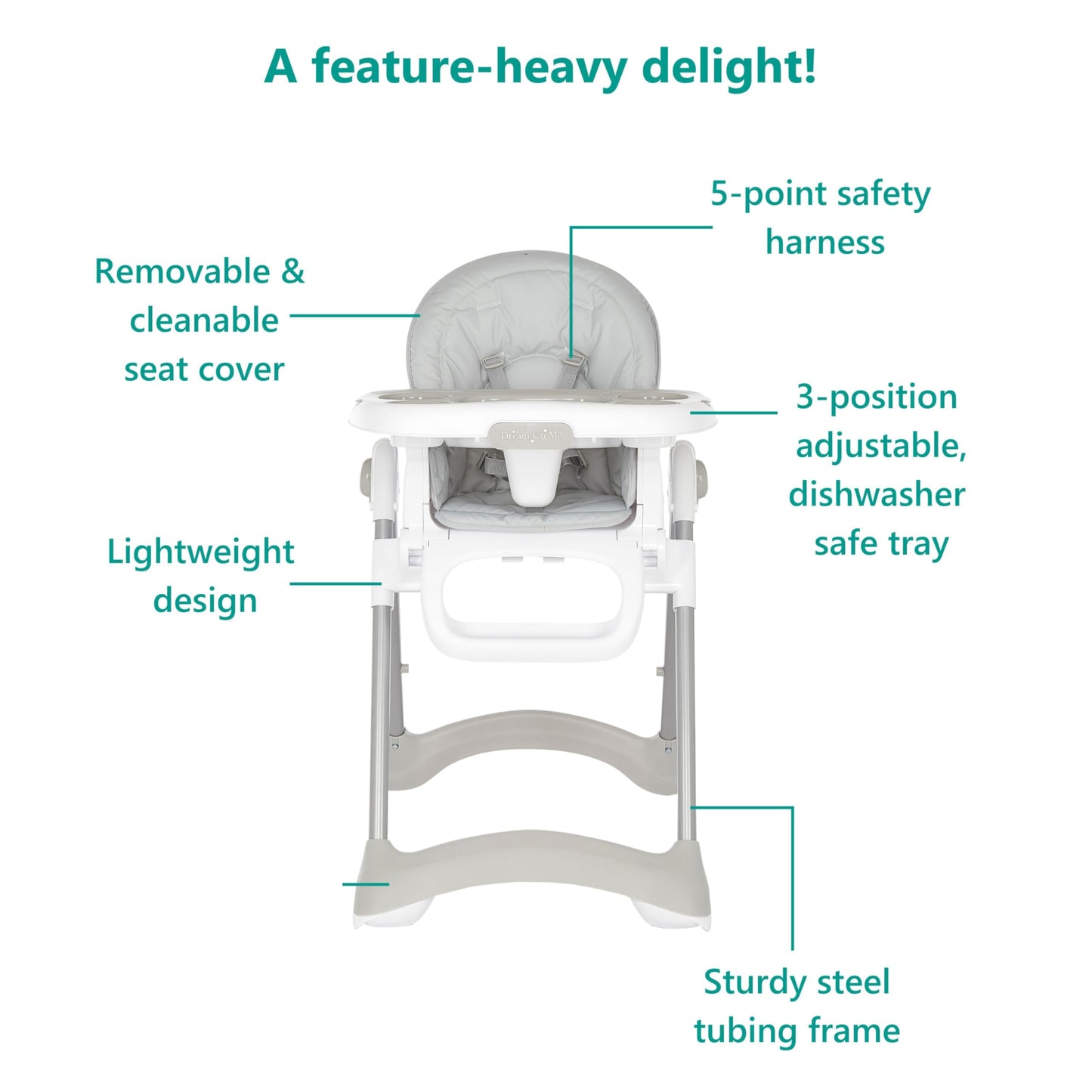 Dream On Me Solid Times High Chair for Babies and Toddlers in Grey, Multiple Recline and Height Positions, Lightweight Portable