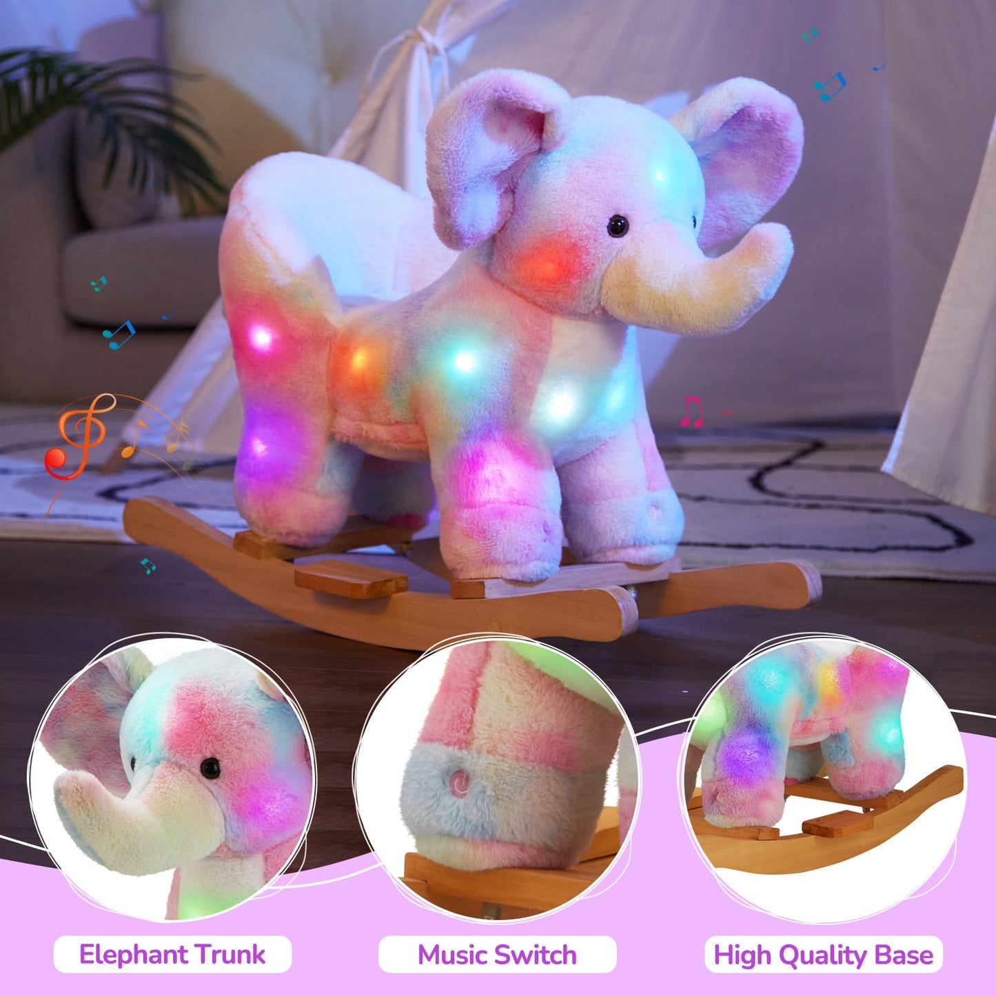 Glow Guards Light up Musical Elephant Baby Rocking Horse Set of 2 with Rainbow Elephant Plush Toy Baby Wooden Chair for Toddlers