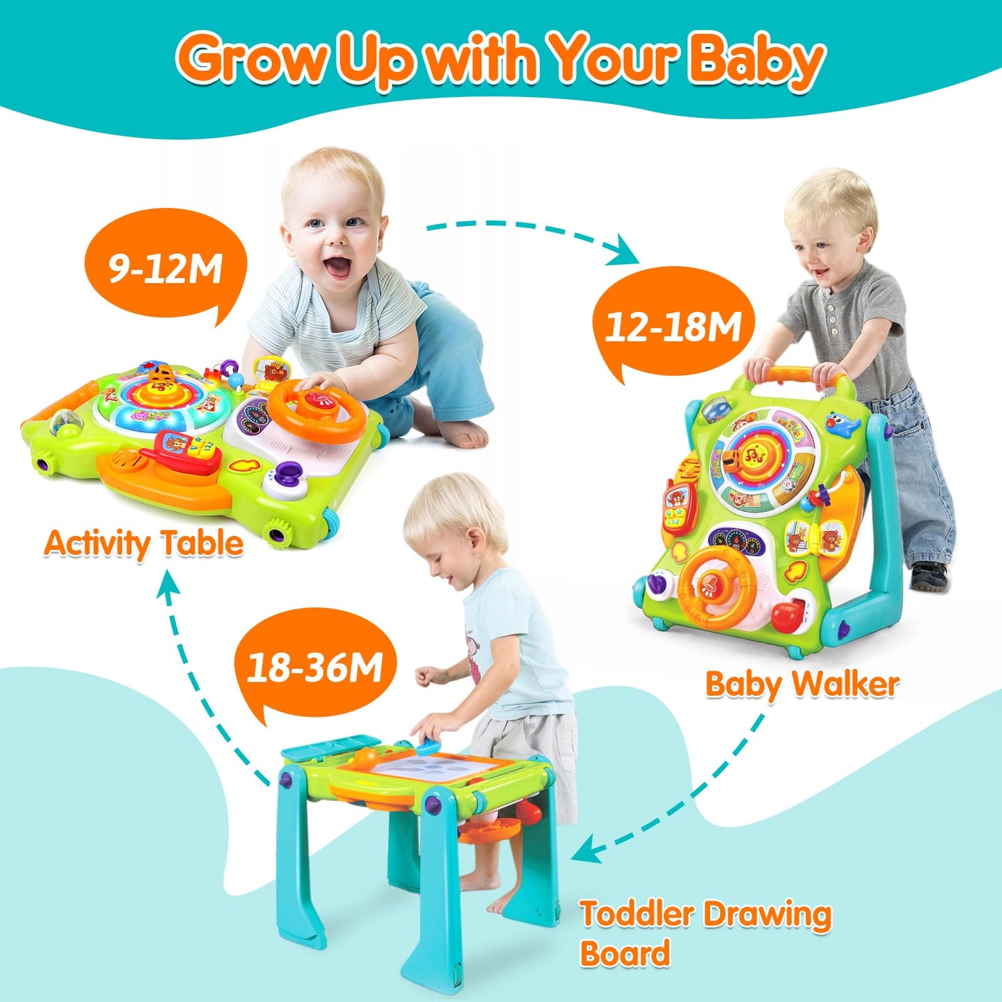 3-in-1 Baby Walker for Boy Girls Sit to Stand Toy Activity Center Drawing Board Infant Toys for 1 Year Old Birthday Gifts 9 12 1