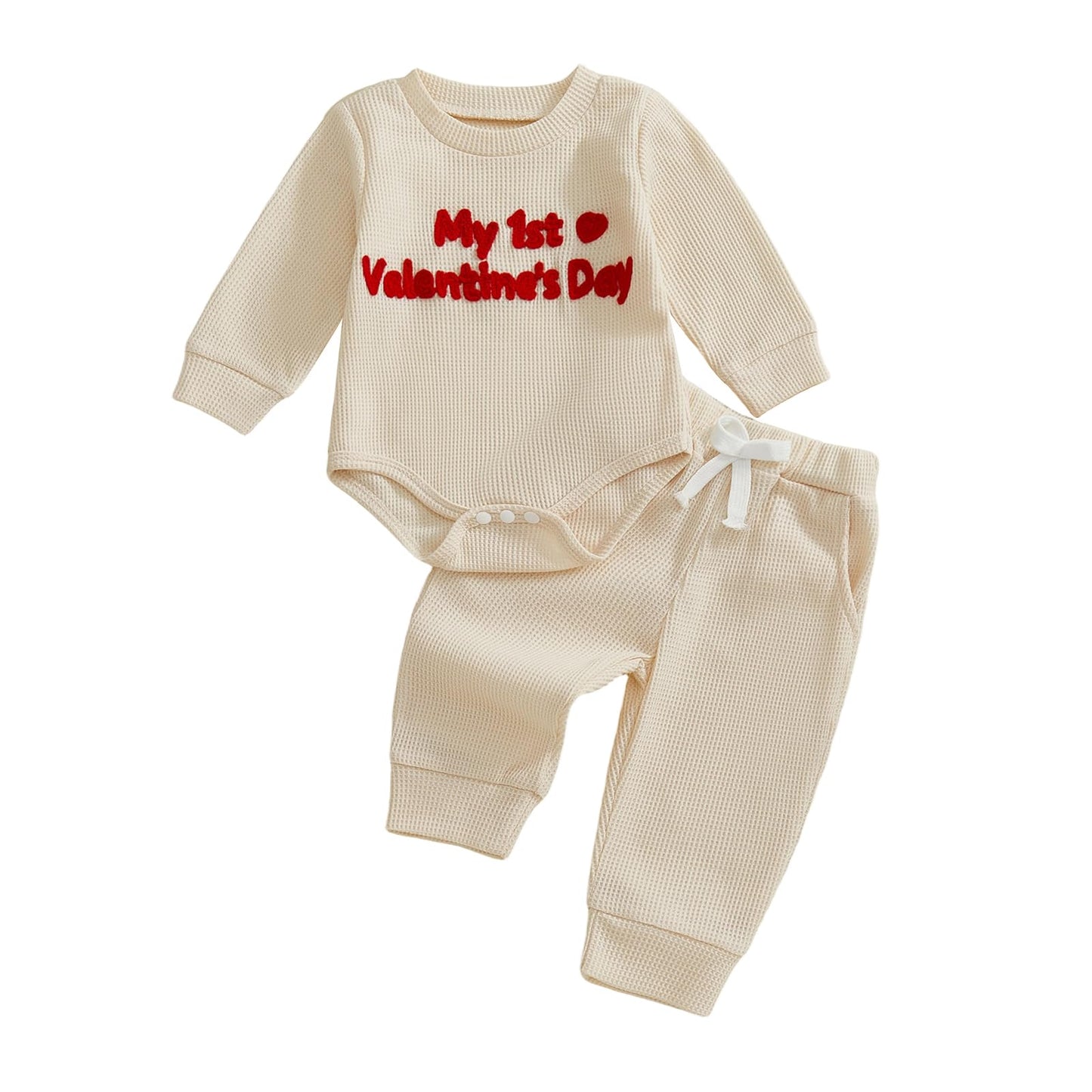 Douhoow Baby Valentines Day Outfit Infant Boy Girl My 1st Valentines Embroidered Waffle Baby Sweatshirt Romper Pants Set (Khaki