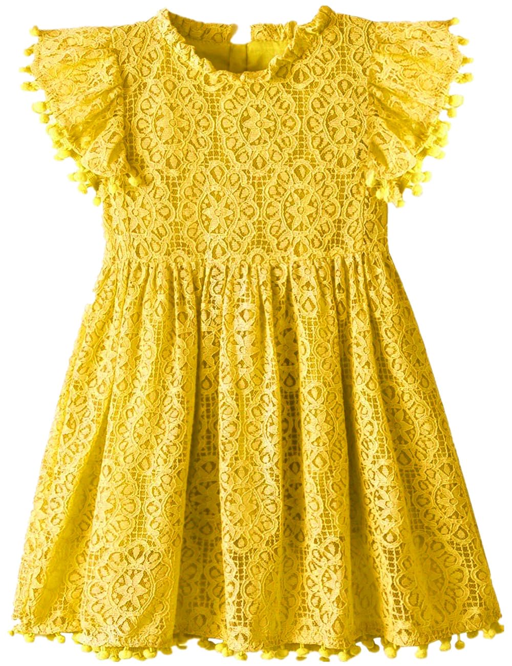 2Bunnies Girl Baby Toddler Vintage Lace Pom Pom Flutter Sleeve Easter Birthday Outfit Dress (Mustard, 2T)
