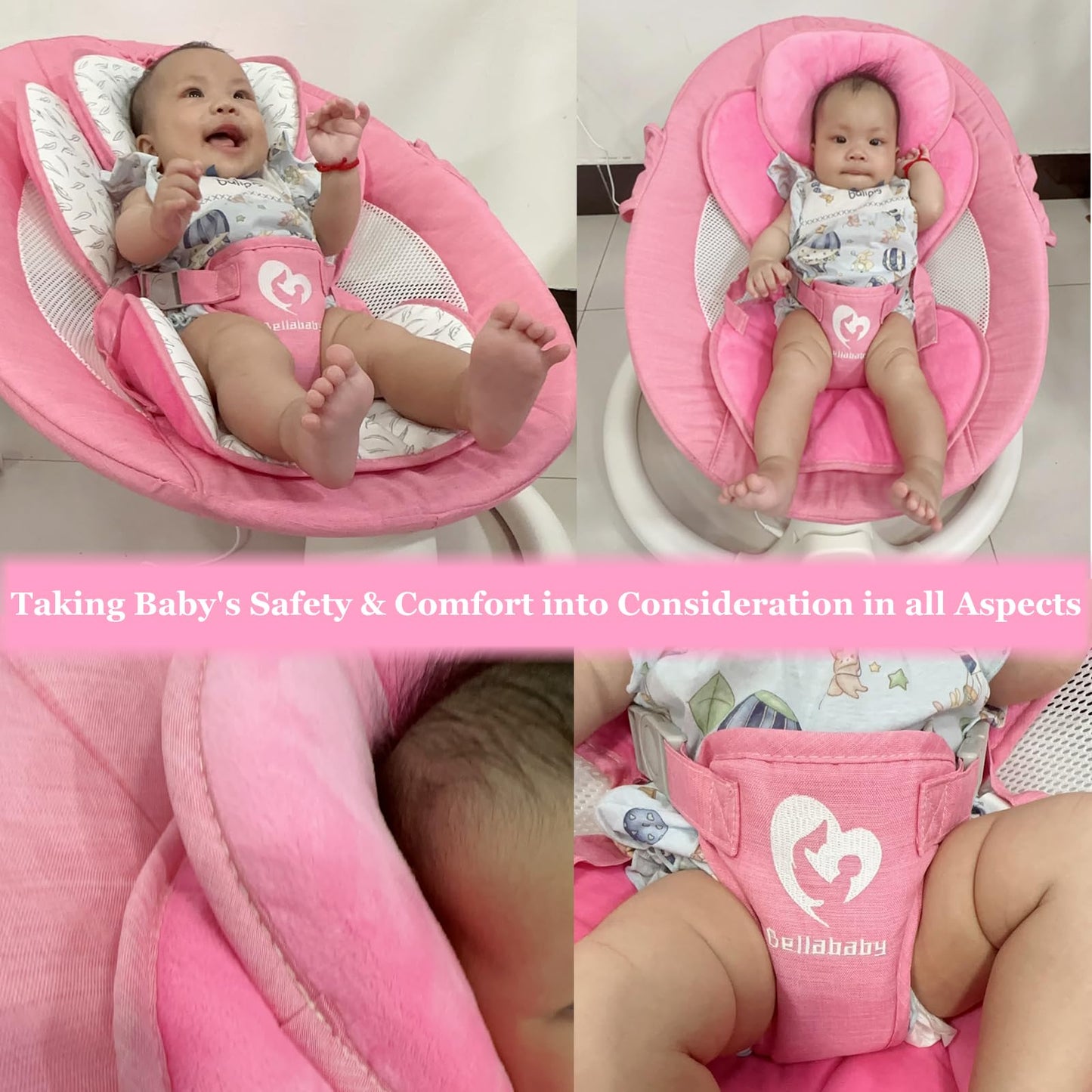 Bluetooth Baby Swing For Infants, Compact & Portable Pink Baby Girl Rocker, 3 Seat Positions, 5 Swing Speed, 10 Lullabies, Remot