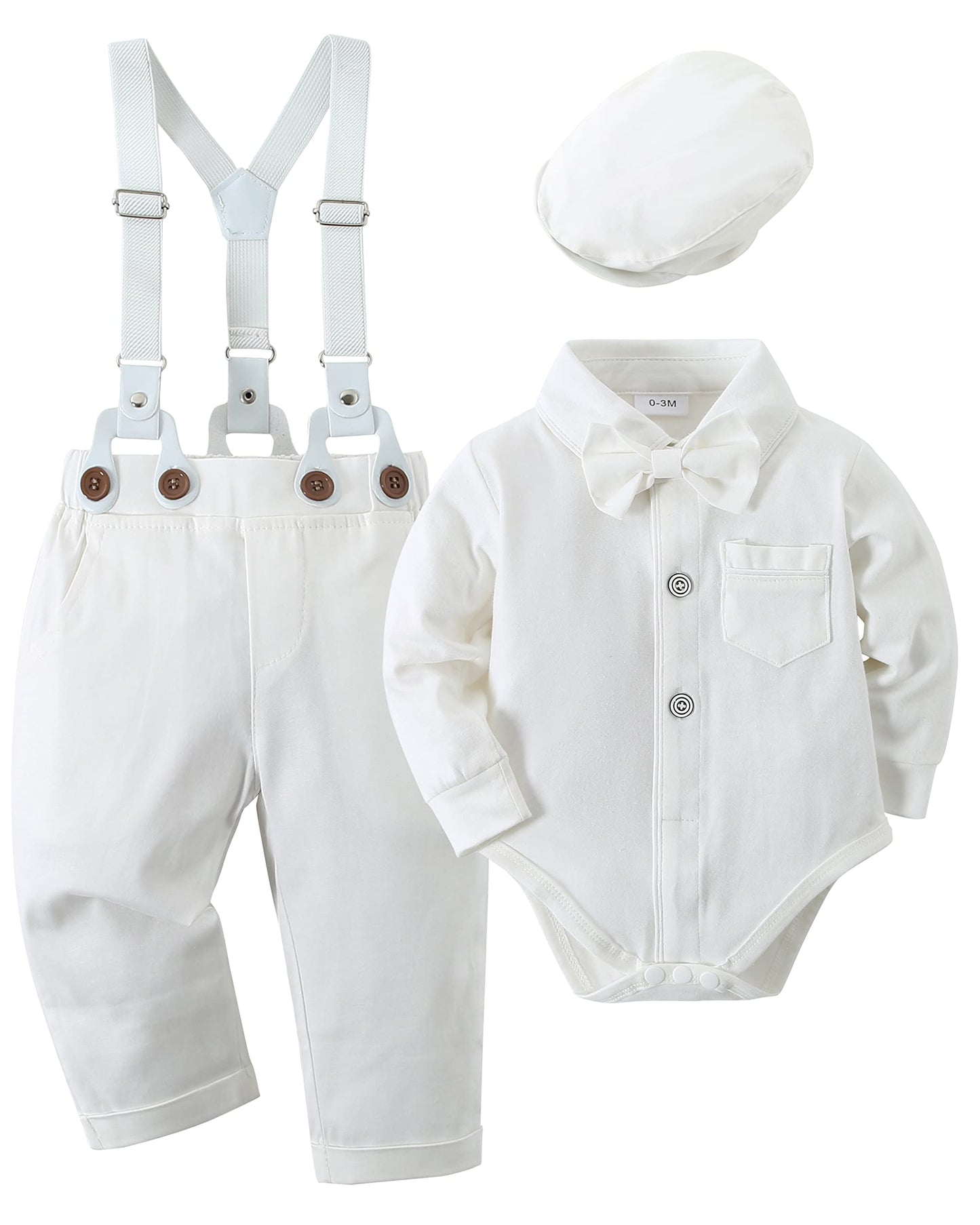 Yallet Baby Boy Clothes Suit Newborn Infant Gentleman Outfits 0-18M, Dress Shirt+Bowtie+Beret Hat+Detachable Suspender Pants