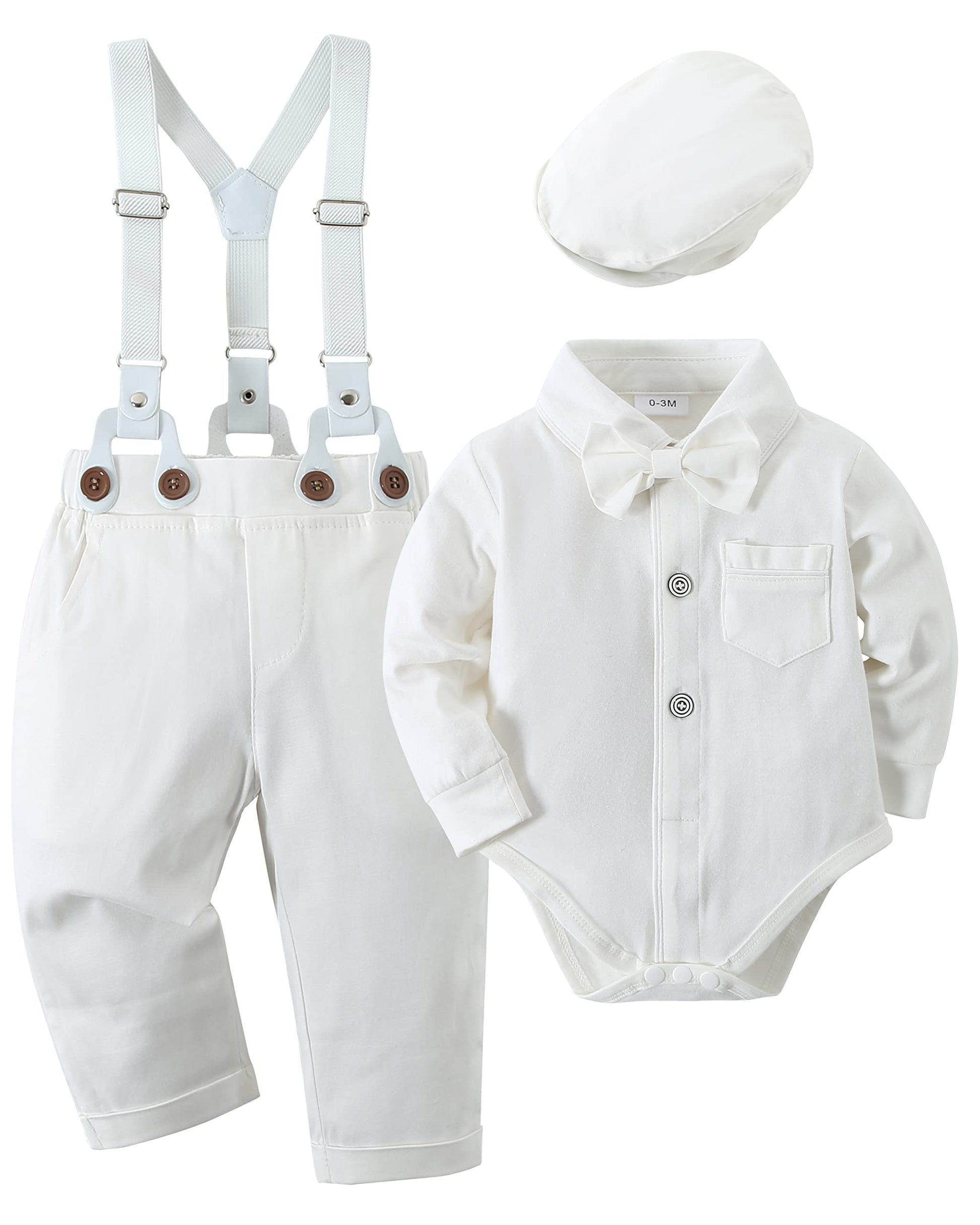 Yallet Baby Boy Clothes Suit Newborn Infant Gentleman Outfits 0-18M, Dress Shirt+Bowtie+Beret Hat+Detachable Suspender Pants