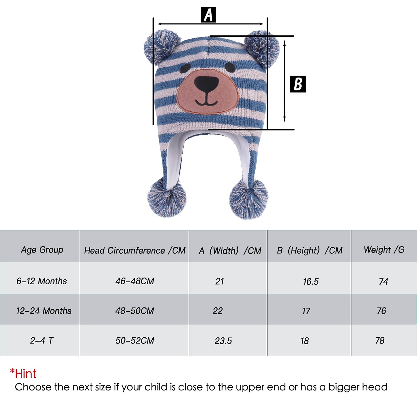 Langzhen Toddler Kids Infant Winter Hat,Earflap Knit Warm Cap Fleece Lined Beanie For Baby Boys Girls (Bear-Blue+Grey 6-12 Month