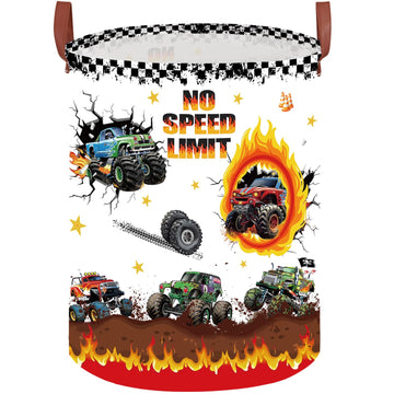 Monster Trucks Laundry Basket with NO SPEED LIMIT Sign,Car Room Decor Nursery Hamper,Gift Bag Storage Bin for Toy Car Stuffed An
