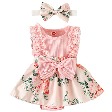 Mubineo Baby Girl Summer Clothes Outfits Sleeveless Lace Floral Romper Dress Newborn Outfit (Pink, 0-3 Months)