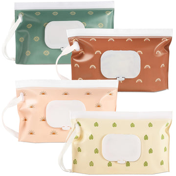 Febsnow 4 Pack Baby Wipes Dispenser, Portable Refillable Wipe Holder Baby Wipes Container Travel Wipes Case Reusable Boho Wet Wi